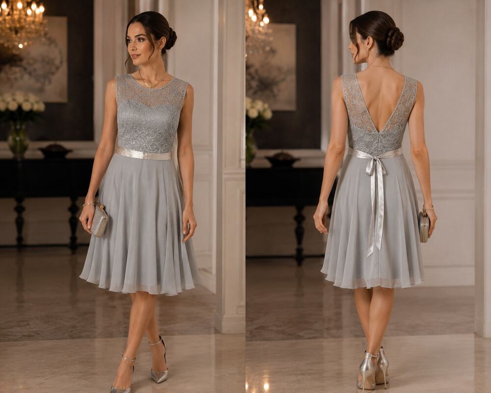 BeryLove Gray Lace Chiffon Cocktail Dress Size L Elegant V-Back Party Wedding